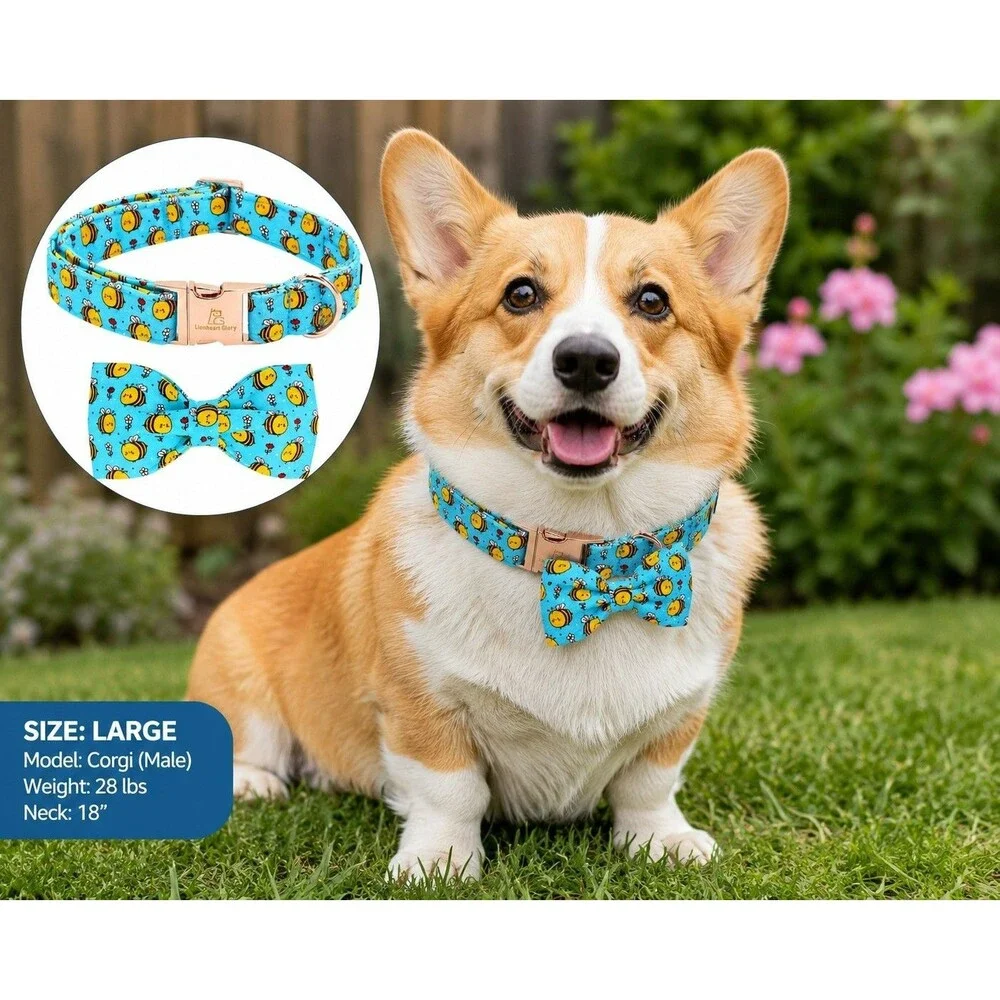 Lionheart Glory Bee Print Dog Collar Large w/ Removable Bow Tie Adjustable
